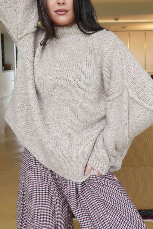 Big Softie Funnel Grunge Knit Oatmeal